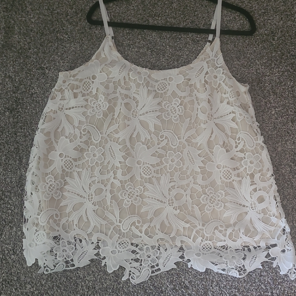 CAbi White Lace Asymmetrical Camisole